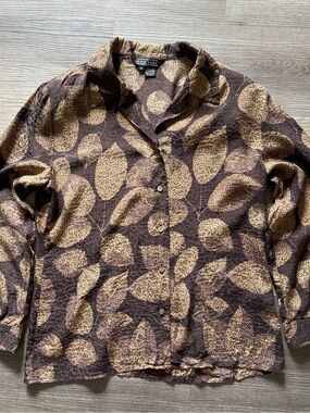 Vintage Ann May 100% Silk Leaf Print Crinkle Blouse - Size M
